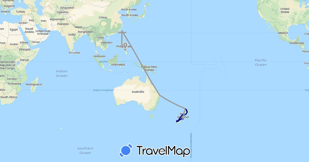 TravelMap itinerary: driving, plane, boat in Australia, New Zealand, Philippines, Taiwan (Asia, Oceania)